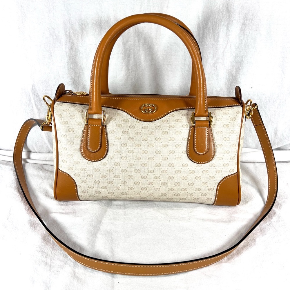 GUCCI Authentic Ivory Canvas Tan Leather Trim Satchel Shoulder Bag Made in Italy